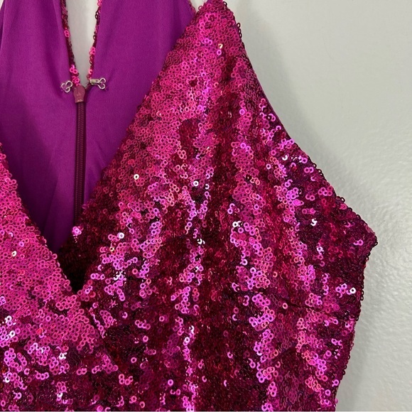 NWT Lulu's Hilaria Fuchsia Pink Sequin Halter Asymmetric Min Dress Size Small - Picture 8 of 12